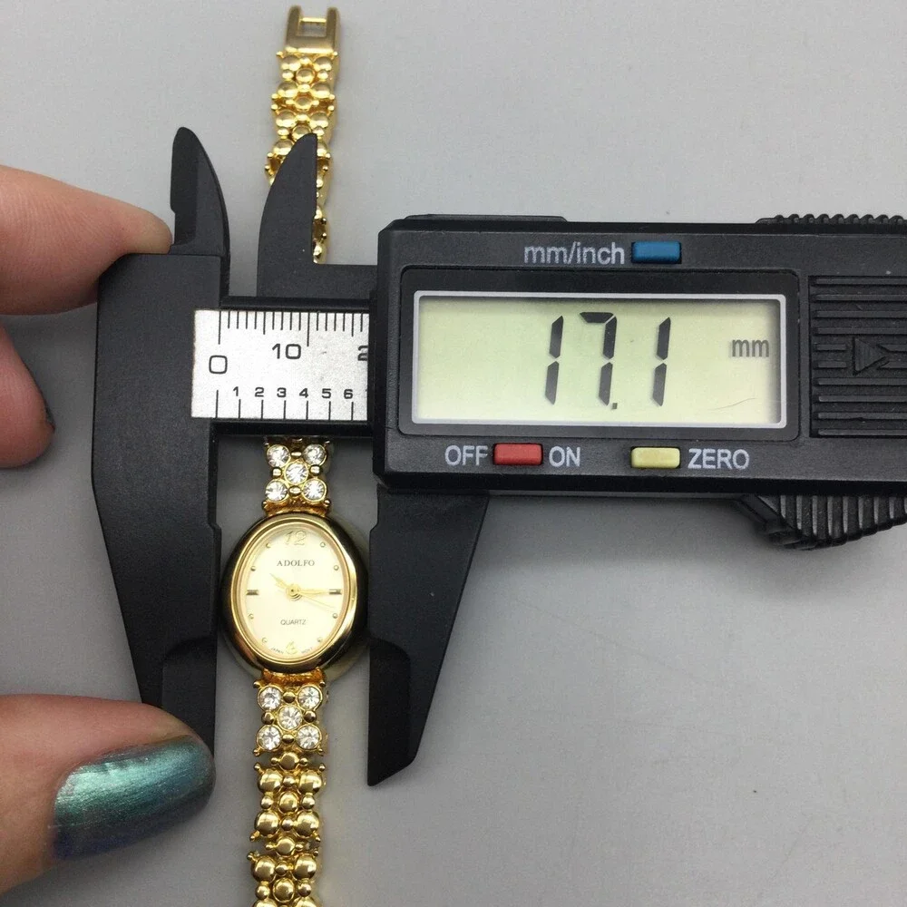 Adolfo Womens Watch 17mm Ovall Gold Tone Crystal Bracelet New Battery 6.5